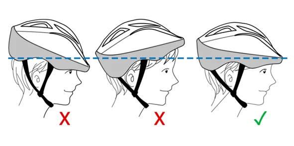 Three helmet positions: too high, tilted back, and correctly seated level two finger-widths above the eyebrows